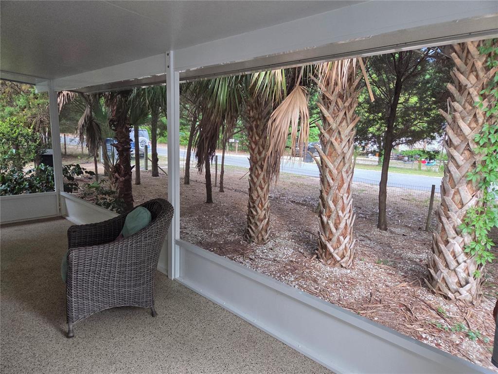 A screened-in porch features wicker furniture, a small dog, and views of palm trees — 421 MARGARET STREET, BRONSON, FL