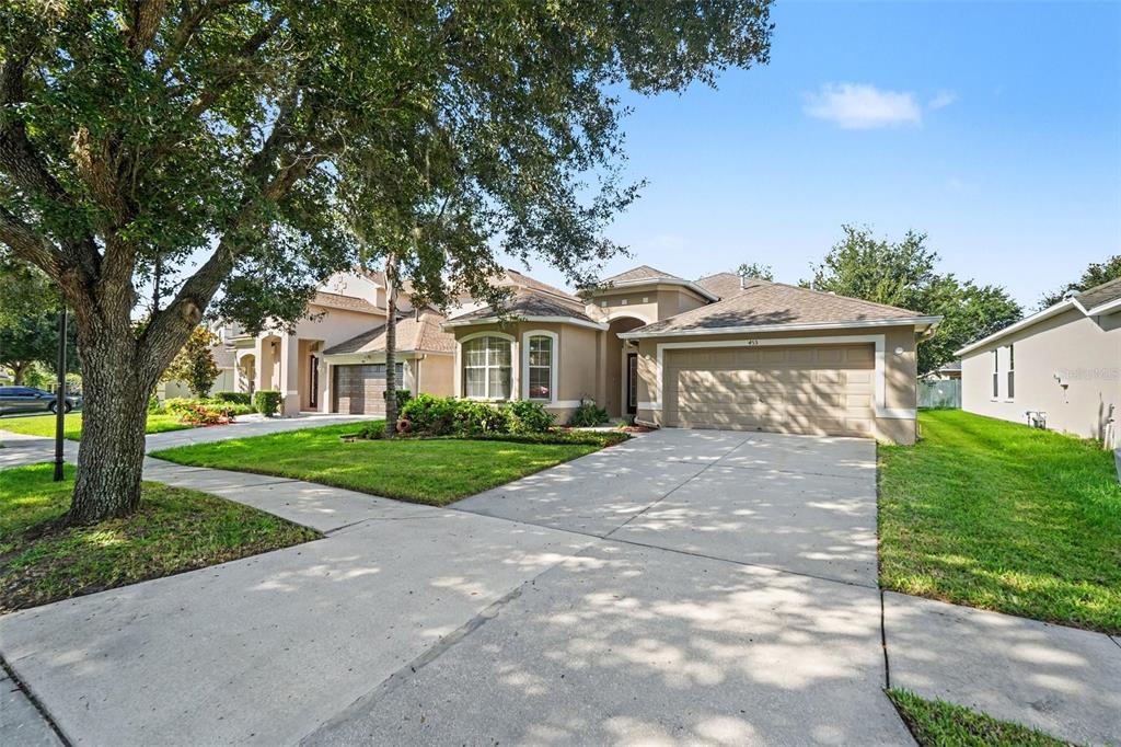 A single-story suburban house with a tan stucco exterior, a two-car garage, and a driveway — 453 WESTCHESTER HILLS LANE, VALRICO, FL