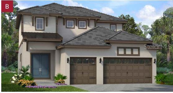 A digital rendering of a two-story house with a three-car garage and light-colored siding — 911 SIGNET DRIVE, APOLLO BEACH, FL