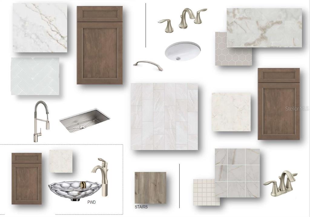This design board displays various interior finishes, including cabinetry, tile samples, faucets, and sinks — 911 SIGNET DRIVE, APOLLO BEACH, FL