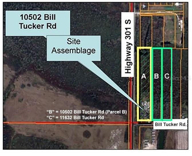 This aerial map shows a site assemblage of three adjacent land parcels near a highway — 11632 BILL TUCKER ROAD, WIMAUMA, FL