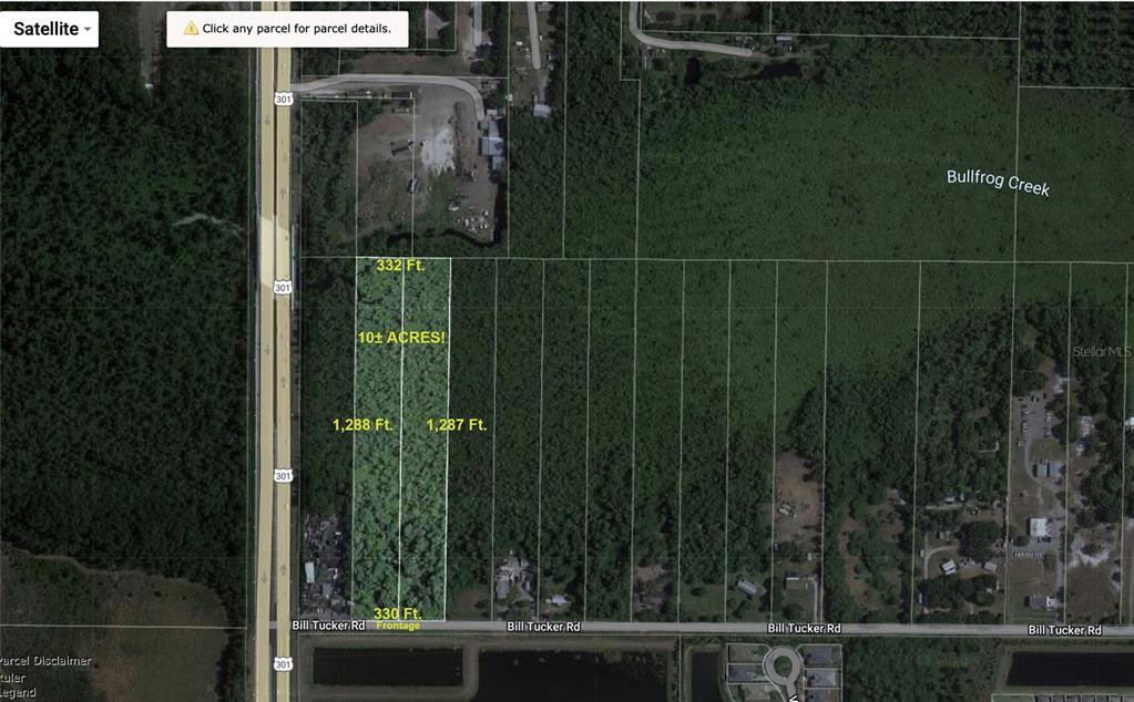 This map shows a rectangular 10-acre parcel of land located along a highway and road — 11632 BILL TUCKER ROAD, WIMAUMA, FL