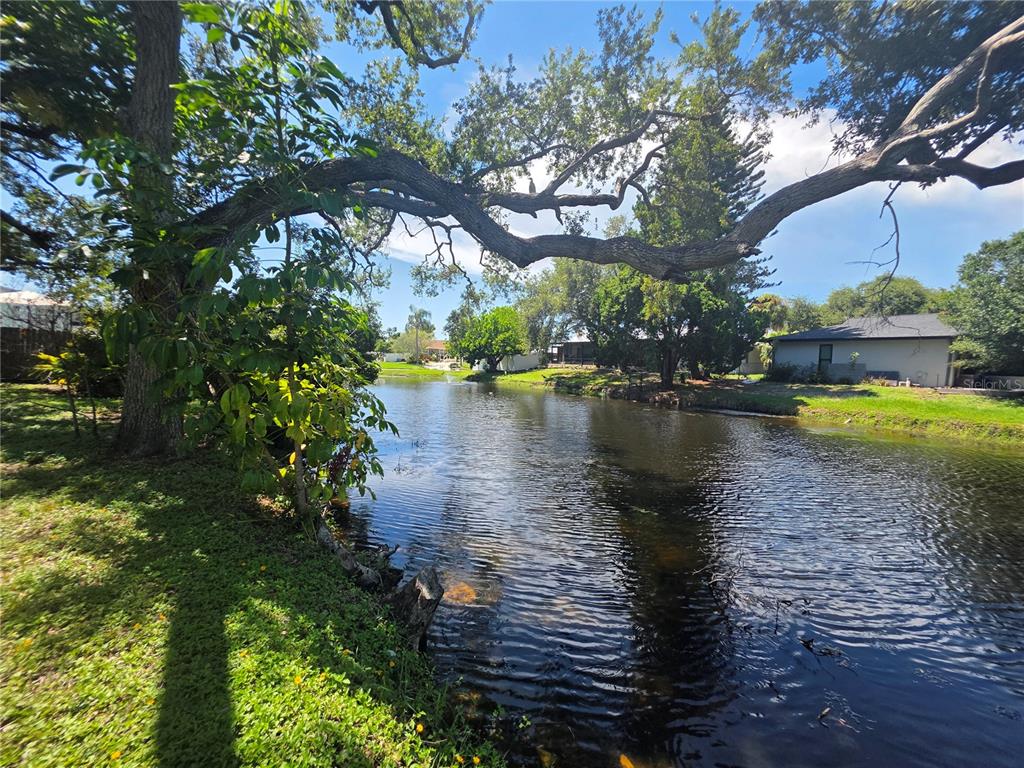 A view of a pond surrounded by trees and grass with houses in the background — 7708 NW 9TH AVE DRIVE, BRADENTON, FL