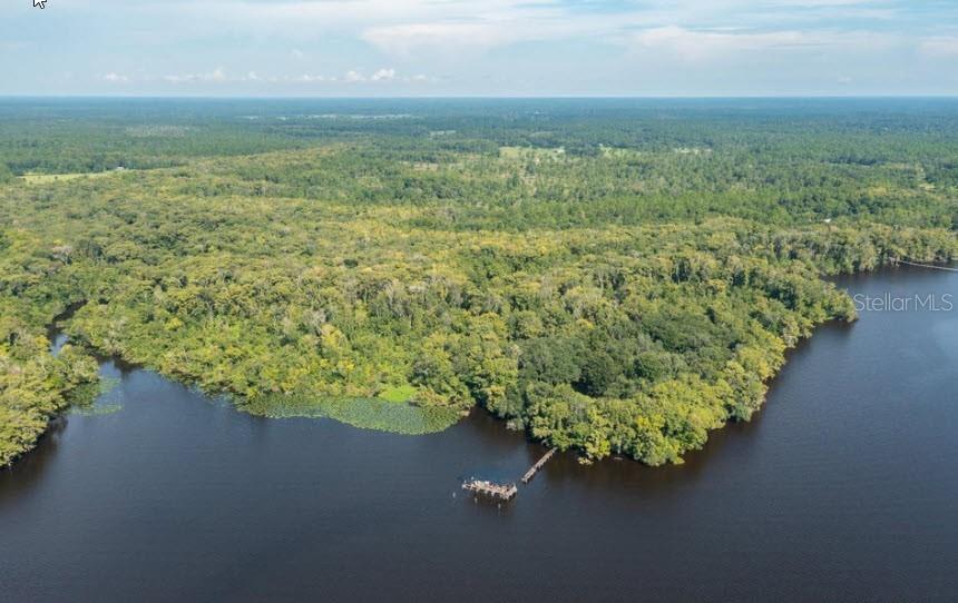 An aerial view of a wooden dock extending into a dark lake beside a forest — 254 ST JOHNS DRIVE, PALATKA, FL