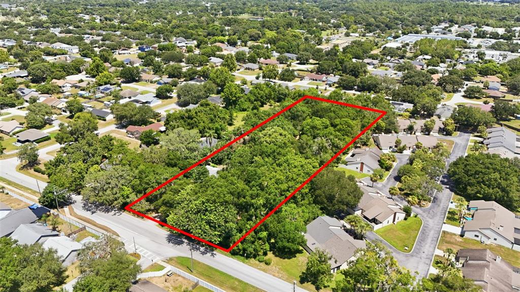 An aerial view shows a rectangular, tree-covered vacant lot outlined in red within a neighborhood — 2675 E WASHINGTON AVENUE, EUSTIS, FL