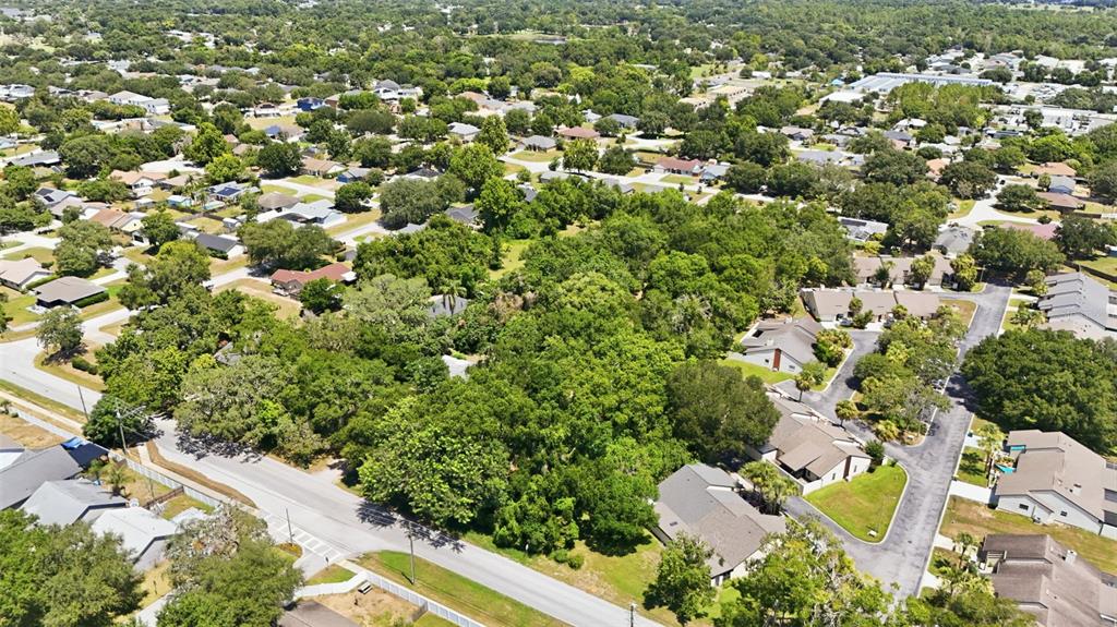 An aerial view shows a wooded lot surrounded by residential houses and paved streets — 2675 E WASHINGTON AVENUE, EUSTIS, FL