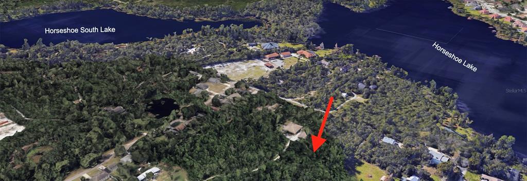 This aerial view shows a wooded residential area situated between Horseshoe South Lake and Horseshoe Lake — 9TH AVENUE, CHULUOTA, FL