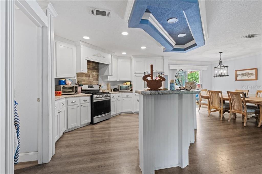 A living room features wood-look flooring, a blue tray ceiling, and a gray sectional sofa — 87 NE 544TH STREET, OLD TOWN, FL