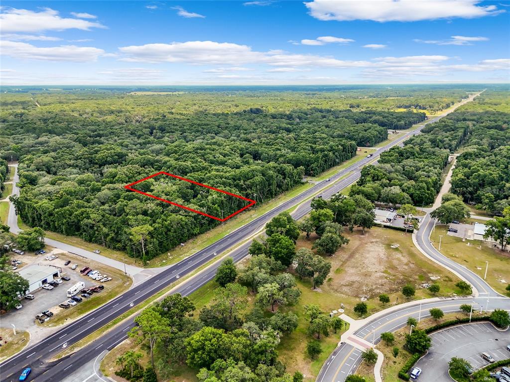 An aerial view shows a rectangular plot of land outlined in red beside a highway — TBD N HWY 19, CHIEFLAND, FL