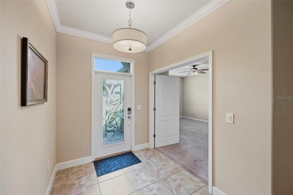 A tiled entryway features a glass-paneled front door, a drum pendant light, and an adjacent room — 5009 JAGGED CLOUD DRIVE, WIMAUMA, FL