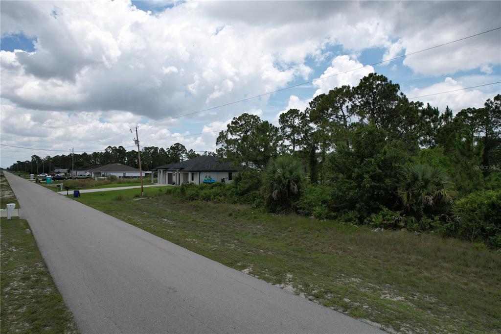 A paved road runs alongside a vacant lot with dense vegetation and a nearby house — 1056 JAGUAR BOULEVARD, LEHIGH ACRES, FL