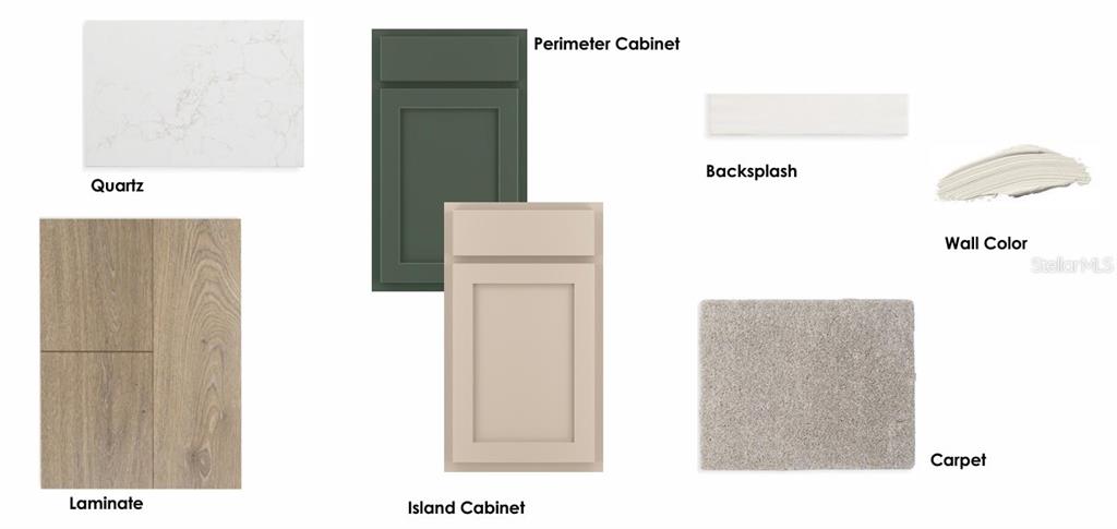 This image displays a material palette featuring quartz, cabinets, backsplash, wall paint, laminate, and carpet — 5665 COOPERS HAWK COURT, ST CLOUD, FL