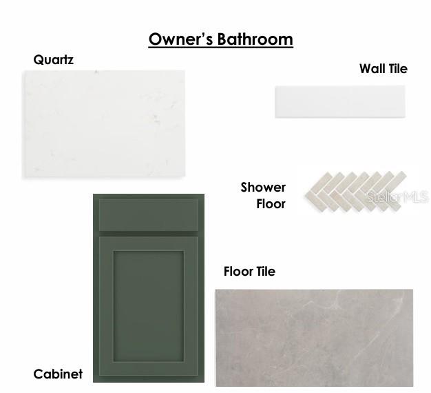 This design board for an owner's bathroom displays samples of quartz, wall tile, floor tile, and cabinets — 5665 COOPERS HAWK COURT, ST CLOUD, FL