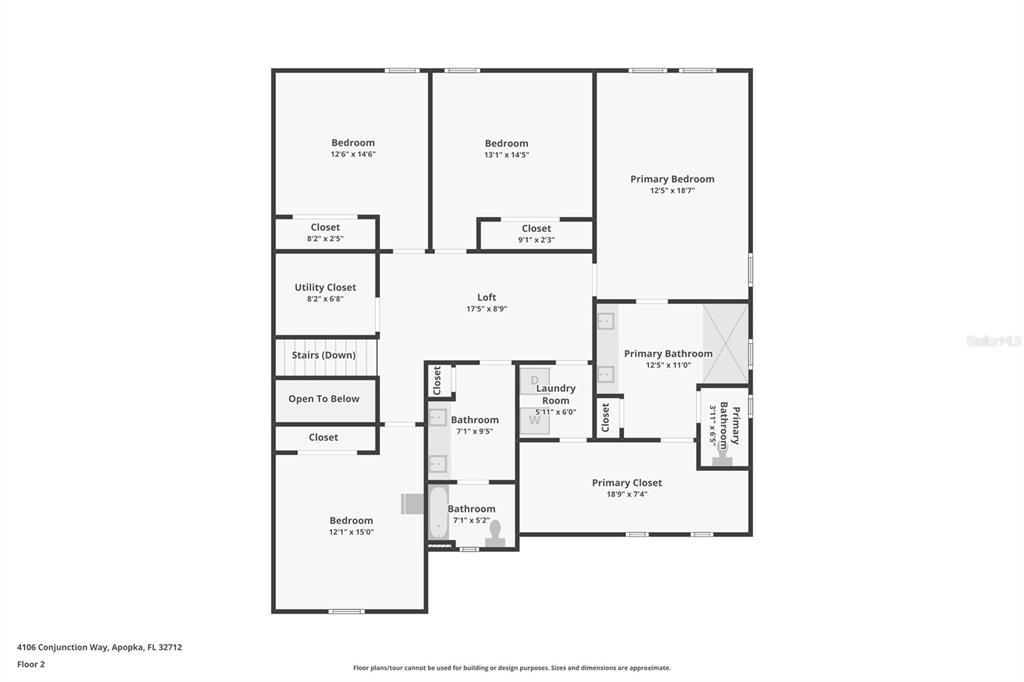 This is a floor plan of a residential second story featuring four bedrooms and a loft — 4106 CONJUNCTION WAY, APOPKA, FL