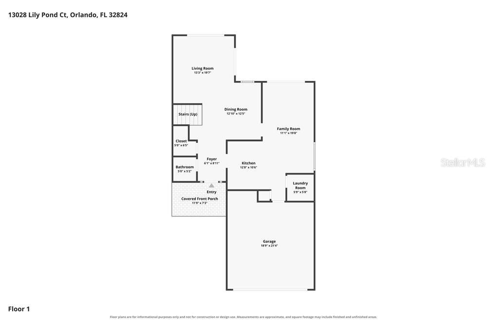 This is a floor plan for the first level of a residential home — 13028 LILY POND COURT, ORLANDO, FL