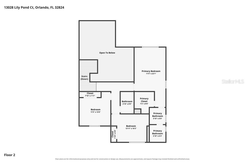 This is a floor plan of a house's second level showing three bedrooms and bathrooms — 13028 LILY POND COURT, ORLANDO, FL