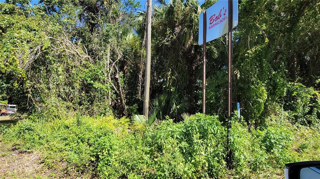 A sign for Bob's Barricades stands in front of a dense, overgrown wooded area — LAKEVIEW STREET, DELAND, FL