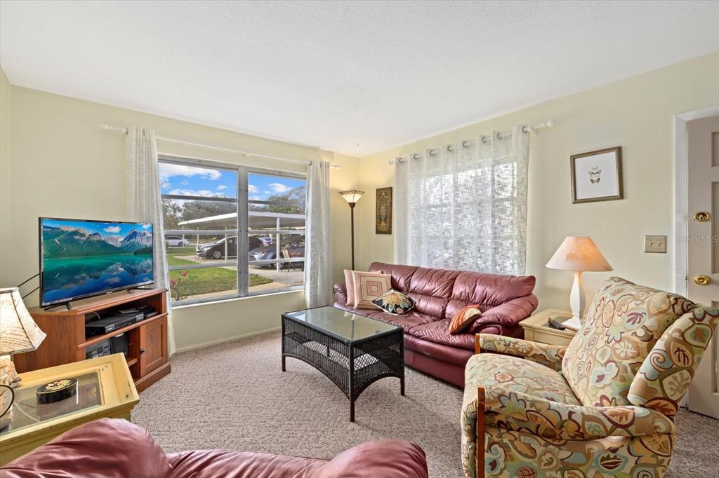 A living room features a maroon sofa, a patterned armchair, a coffee table, and a television — 1343 GLENDALE CIRCLE W UNIT 216, SARASOTA, FL
