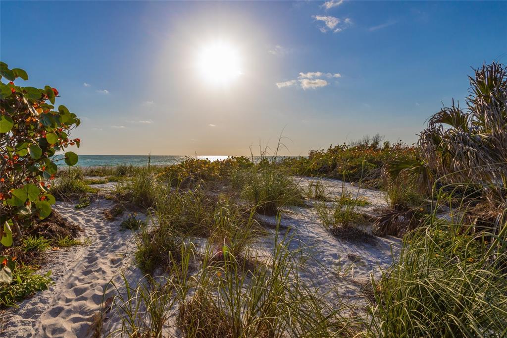 A sandy path leads through coastal vegetation toward the ocean under a bright sun — 560 GULF BAY ROAD, LONGBOAT KEY, FL