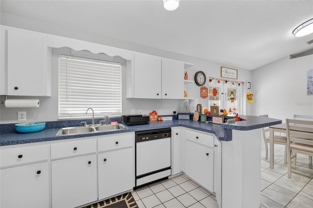 A kitchen features white cabinets, blue laminate countertops, a double sink, and a dishwasher — 11625 SE 53RD COURT, BELLEVIEW, FL
