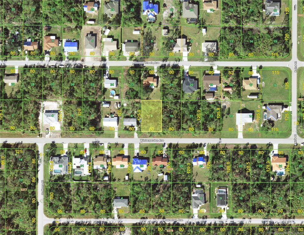This is an aerial map showing residential lots and streets in a suburban neighborhood — 18106 WINTERGARDEN (LOT 9) AVENUE, PORT CHARLOTTE, FL