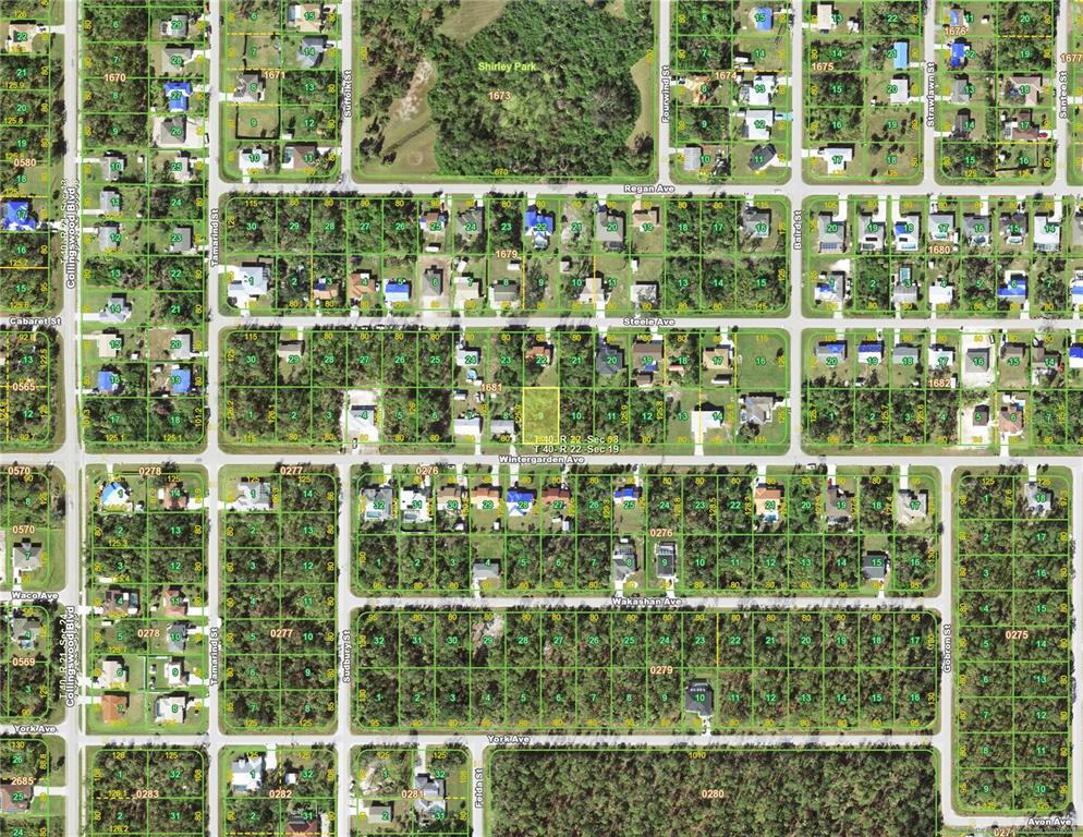 This is a satellite map view of a residential neighborhood with grid-patterned streets and lots — 18106 WINTERGARDEN (LOT 9) AVENUE, PORT CHARLOTTE, FL