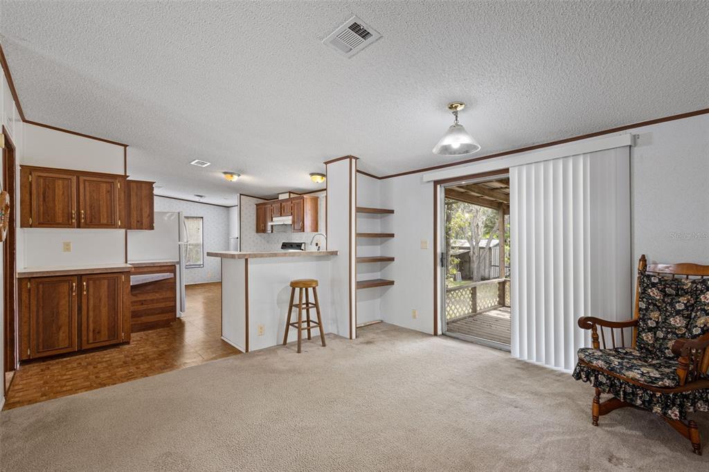 A carpeted living room features a ceiling fan, a white door, and a window with curtains — 704 SE 791ST STREET, OLD TOWN, FL