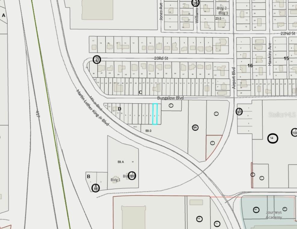 This is a tax map showing property lot lines, street names, and building footprints — 00 BUNGALOW BOULEVARD, SANFORD, FL