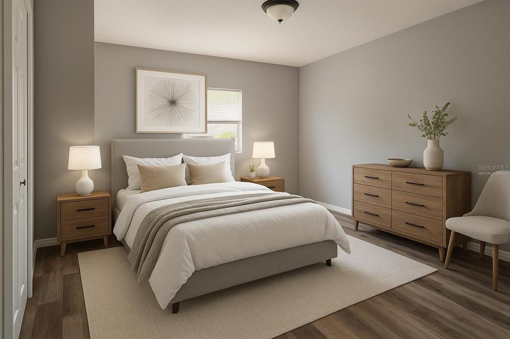 This is a digitally staged bedroom featuring a bed, two nightstands, and a wooden dresser — 1019 SANTA BARBARA ROAD, ORLANDO, FL