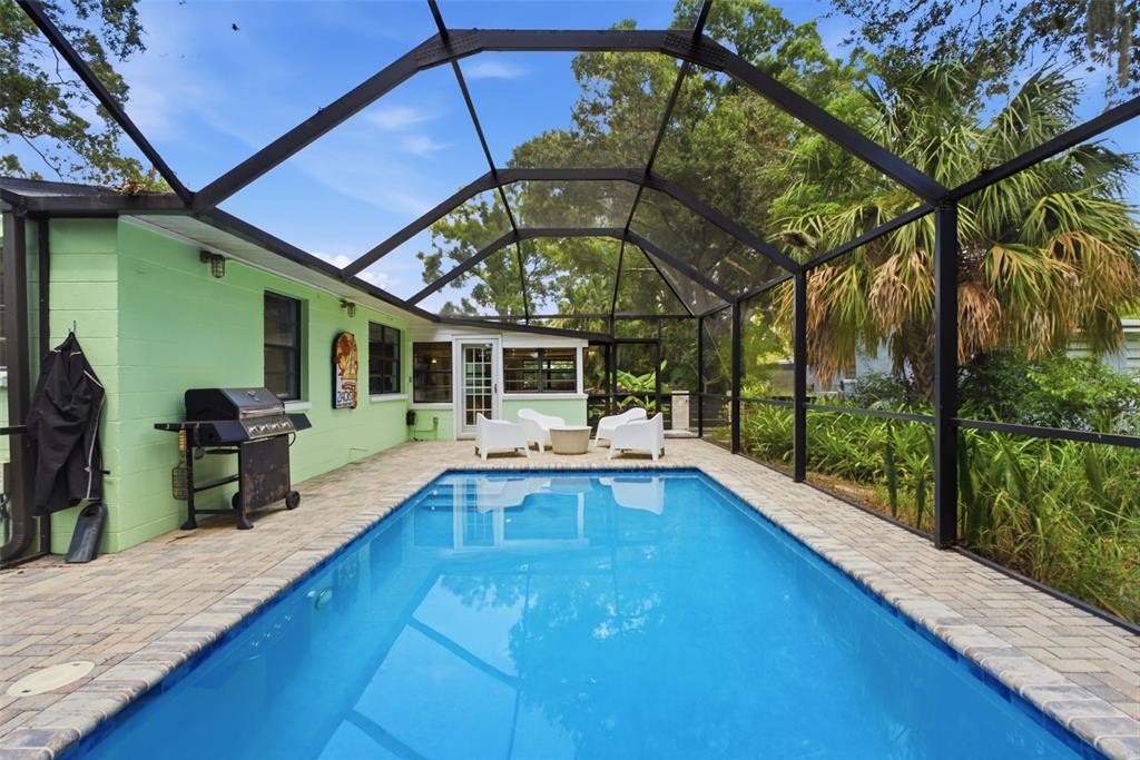 A swimming pool sits on a paved patio enclosed by a black metal screen cage — 609 W RIVER DRIVE, TEMPLE TERRACE, FL