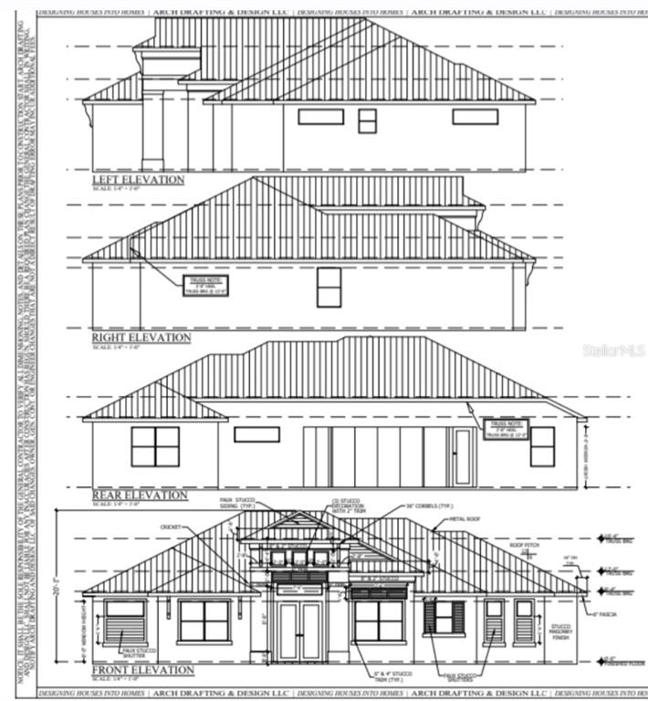 This architectural rendering shows the front, rear, left, and right elevations of a house — 7441 STRASSE BOULEVARD, PUNTA GORDA, FL
