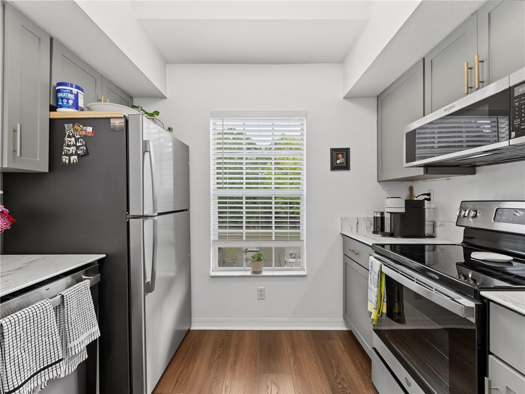 A galley kitchen features stainless steel appliances, grey cabinetry, and wood-look flooring — 9186 LAKE CHASE ISLAND WAY, TAMPA, FL