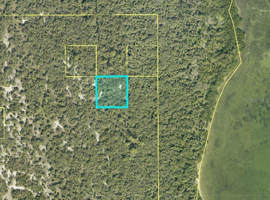 This is an aerial map showing a highlighted square parcel of land within a wooded area — ACCESS UNDETERMINED, BOKEELIA, FL
