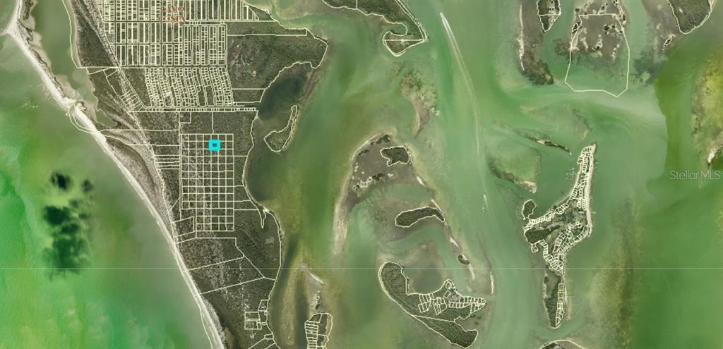 This is an aerial map showing a coastal area with a highlighted property lot — ACCESS UNDETERMINED, BOKEELIA, FL