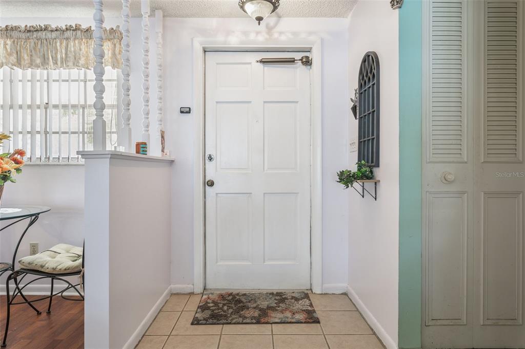 An entryway features a white door, tiled floor, a half-wall with spindles, and a closet — 502 AVOCADO CIRCLE, BRANDON, FL