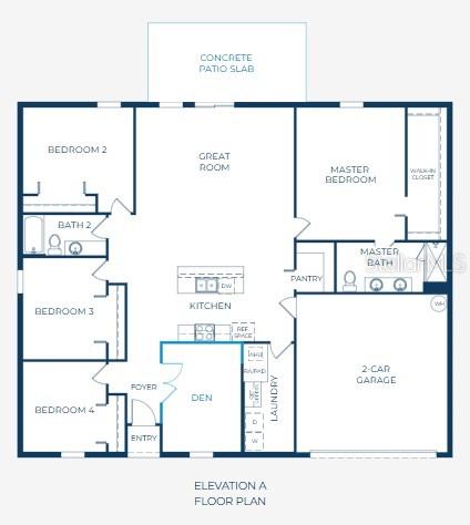 This floor plan shows a four-bedroom home with a great room, kitchen, and two-car garage — 16077 MALDEN ROAD, WEEKI WACHEE, FL