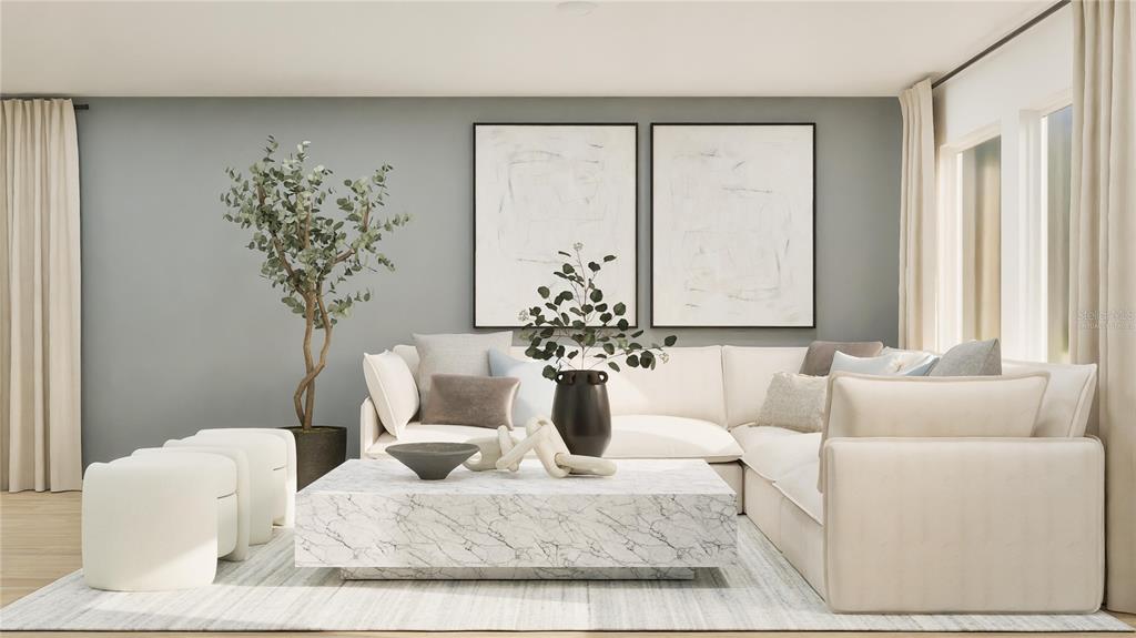 This rendering shows a living room with a white sectional, marble coffee table, and artwork — 3950 AMERS LOOP, HAINES CITY, FL