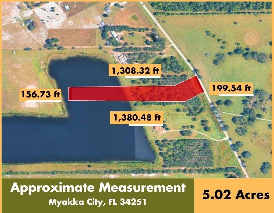 An aerial map shows a rectangular property parcel with labeled boundary measurements and acreage — 4952 WAUCHULA ROAD, MYAKKA CITY, FL