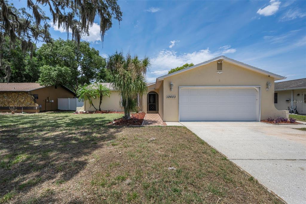 A single-story house with a beige stucco exterior, a two-car garage, and a front yard — 12603 PECAN TREE DRIVE, HUDSON, FL