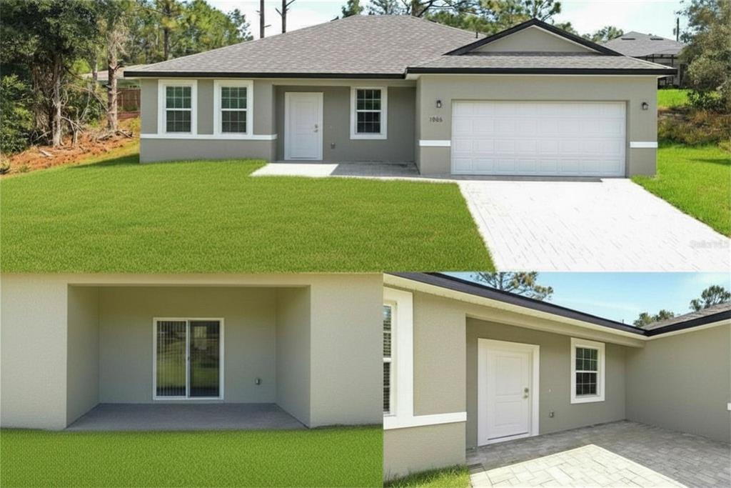 A paved walkway leads to the front entrance and garage of a tan stucco house — 1985 W CORRINE STREET, DUNNELLON, FL
