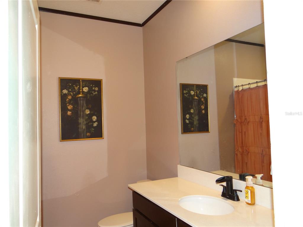 A bathroom features a dark wood vanity with a white countertop, mirror, and wall art — 6935 PERCH HAMMOCK LOOP, GROVELAND, FL