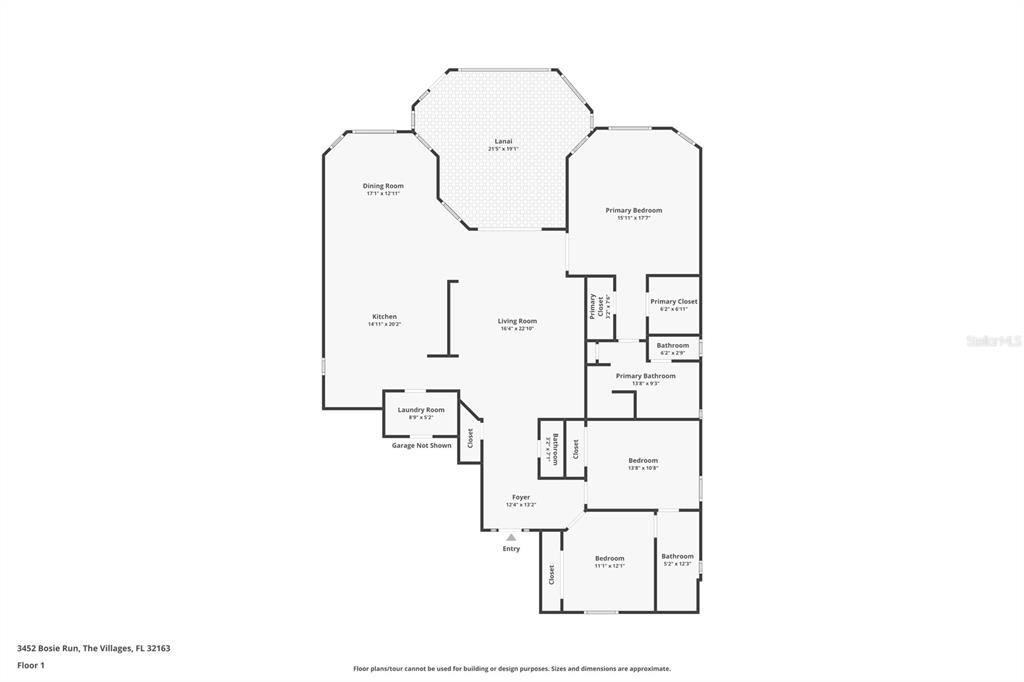 A tan, single-story house with a two-car garage and a landscaped front yard — 3452 BOSIE RUN, THE VILLAGES, FL