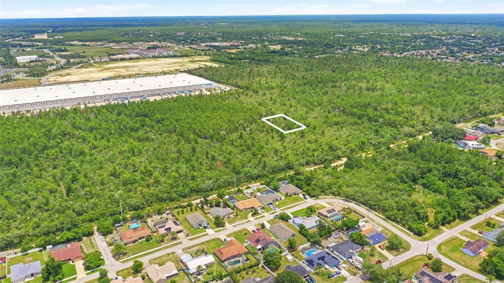 An aerial view shows a large, undeveloped wooded lot marked with a white outline — EDGEMONT (PAPER) AVENUE, DELTONA, FL