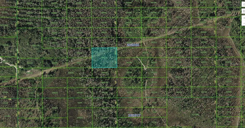 This is an aerial map showing a highlighted rectangular land parcel within a grid — N/A, POLK CITY, FL