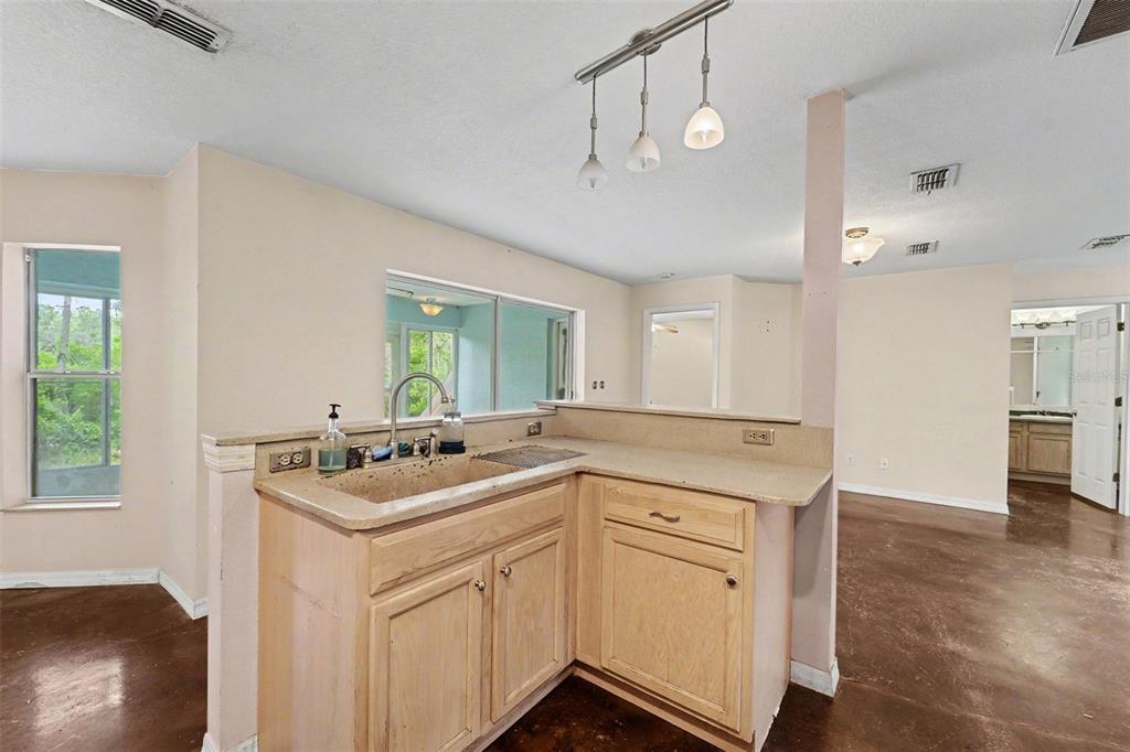 A kitchen sink area with light wood cabinets, beige countertops, and a pendant light fixture — 7295 CENTERWOOD AVENUE, SPRING HILL, FL
