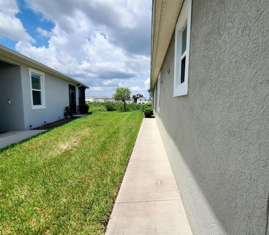 A concrete walkway runs between two stucco houses with a grassy yard in between — 31457 MANGO FADE WAY, SAN ANTONIO, FL