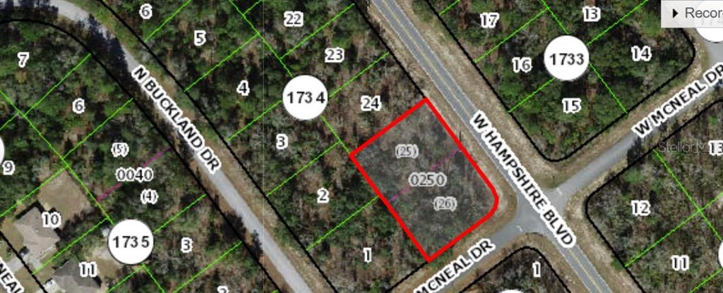 This is a map showing a vacant, rectangular lot highlighted in red at a street intersection — 1418 W HAMPSHIRE BOULEVARD, CITRUS SPRINGS, FL
