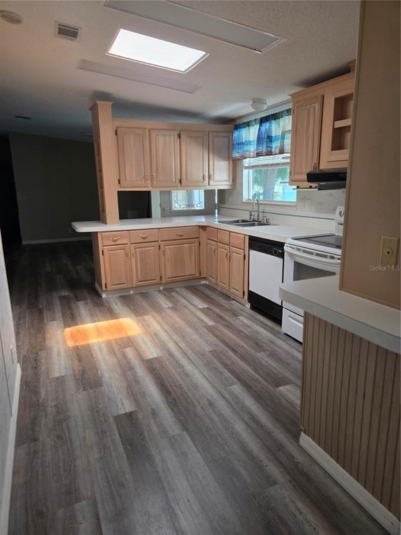 A kitchen features light wood cabinets, white countertops, a dishwasher, and gray wood-look flooring — 3224 MANATEE ROAD, TAVARES, FL