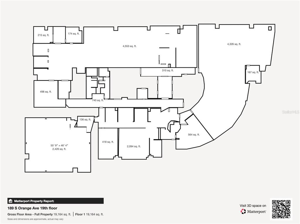 This is a floor plan showing the layout and square footage of a commercial office space — 189 S ORANGE AVENUE UNIT 1900-1970, ORLANDO, FL