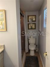 A small bathroom features a white toilet, a shower with a curtain, and framed wall art — 1370 GREENWAY DRIVE, MOUNT DORA, FL